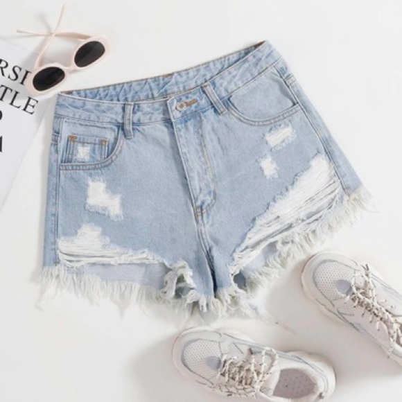 SHEIN Pants - SHEIN | Blue Jean Shorts Distressed Frayed Hem Mid Rise